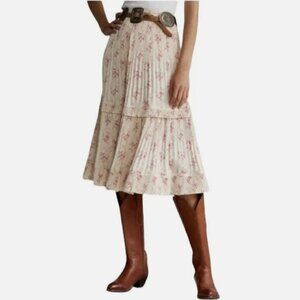 Polo Ralph Lauren Cream Floral Printed Plisse Satin Midi Skirt